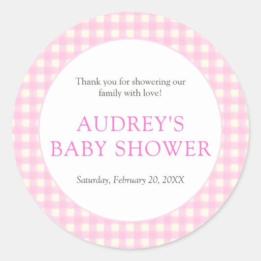 Classic Roze Gingham Meisje Baby shower Ronde Sticker (Voorkant)
