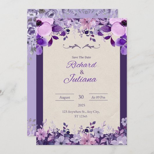 Classic Roze & Paarse Bloemen Huwelijksuitnodiging Kaart (Voorkant / Achterkant)