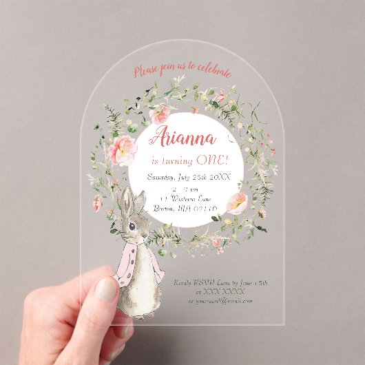 Classic Roze Peter het Konijn Bloemen Verjaardag Acryl Uitnodigingen (Insitu (Draagbaar))