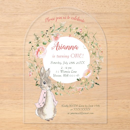 Classic Roze Peter het Konijn Bloemen Verjaardag Acryl Uitnodigingen (Voorkant)