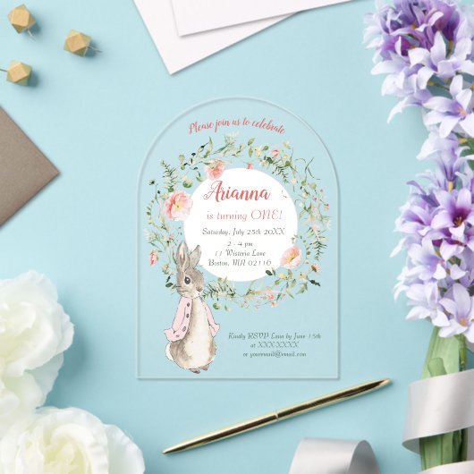 Classic Roze Peter het Konijn Bloemen Verjaardag Acryl Uitnodigingen (Insitu (Huwelijk))