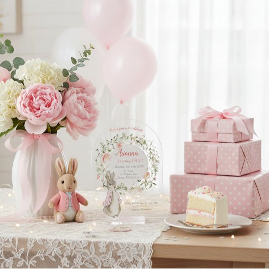Classic Roze Peter het Konijn Bloemen Verjaardag Acryl Uitnodigingen