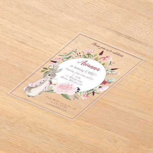 Classic Roze Peter het Konijn Bloemen Verjaardag Acryl Uitnodigingen (Laagn)