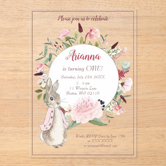 Classic Roze Peter het Konijn Bloemen Verjaardag Acryl Uitnodigingen (Voorkant)
