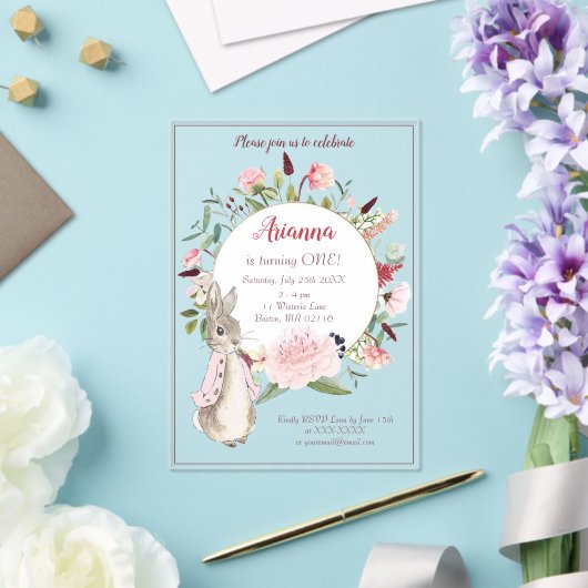 Classic Roze Peter het Konijn Bloemen Verjaardag Acryl Uitnodigingen (Insitu (Huwelijk))