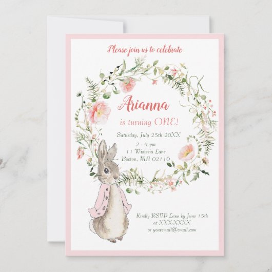 Classic Roze Peter het Konijn Bloemen Verjaardag Kaart (Voorkant)