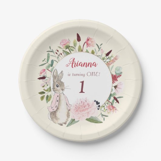 Classic Roze Peter het Konijn Bloemen Verjaardag Papieren Bordje (Voorkant)
