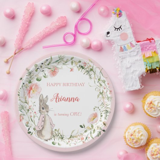 Classic Roze Peter het Konijn Bloemen Verjaardag Papieren Bordje (Feest)