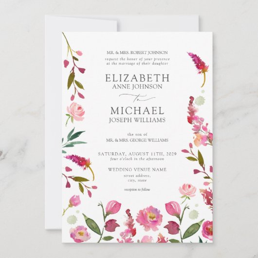 Classic Roze QR Code Waterverf Bloemen Bruiloft Kaart (Voorkant)