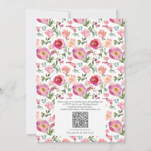Classic Roze QR Code Waterverf Bloemen Bruiloft Kaart (Achterkant)