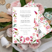 Classic Roze QR Code Waterverf Bloemen Bruiloft Kaart
