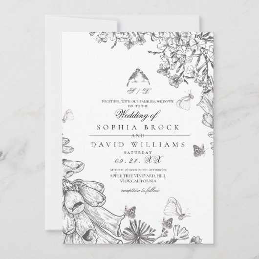 Classic Rustic Black White Floral Wedding  Kaart (Voorkant)