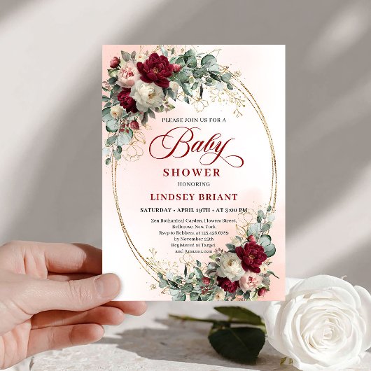 Classic Rustic Burgundy Peonies Gold Baby Shower Kaart