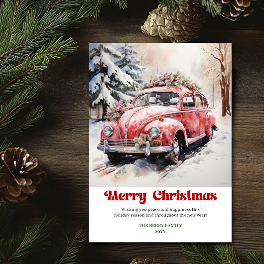 Classic rustic Christmas scene pink car design Feestdagenkaart