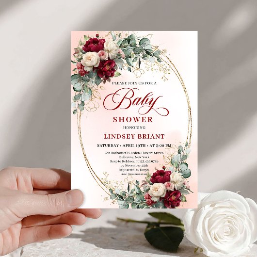 Classic Rustic Deep Red Floral Baby Shower Invite Kaart