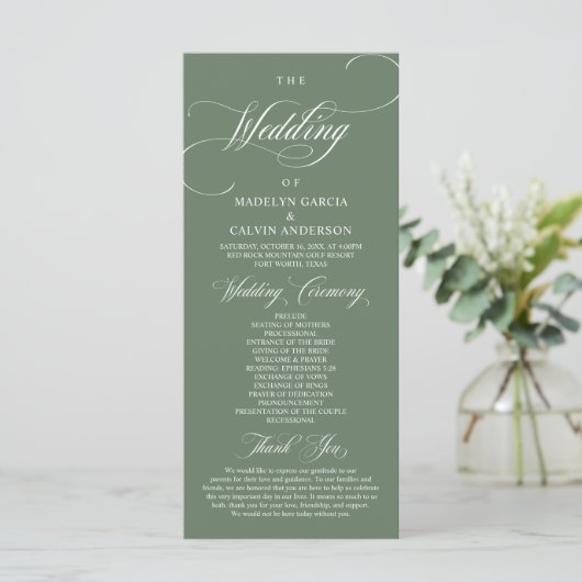 Classic Rustic Forest Sage Green, Wedding Ceremony Programmakaart (Staand voorkant)
