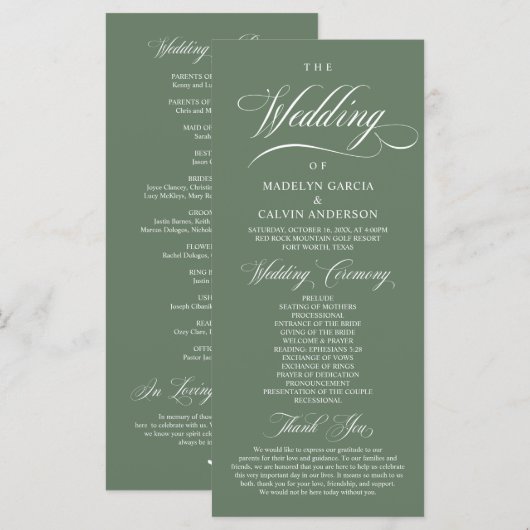 Classic Rustic Forest Sage Green, Wedding Ceremony Programmakaart (Voorkant / Achterkant)