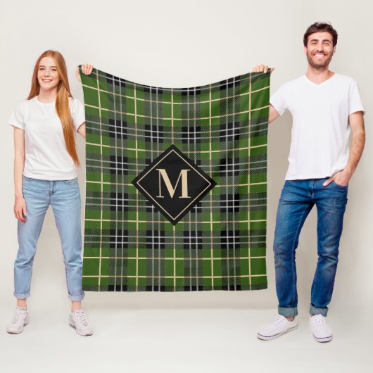 Classic Rustic Green Tartan Pset Monogram Fleece Deken (In situ)
