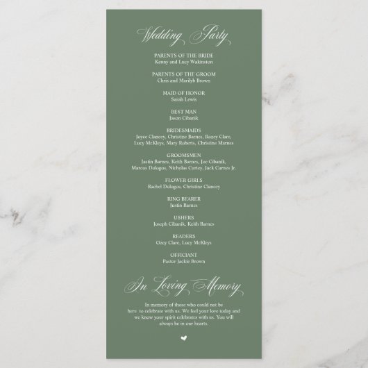 Classic Rustic Sage Green, Wedding Ceremony Programmakaart (Achterkant)