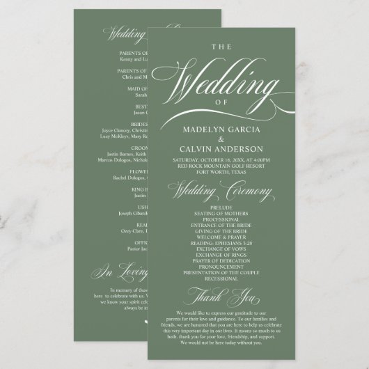 Classic Rustic Sage Green, Wedding Ceremony Programmakaart (Voorkant / Achterkant)
