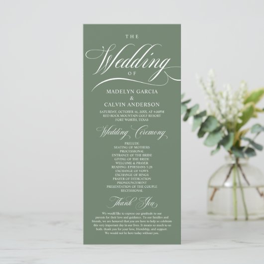 Classic Rustic Sage Green, Wedding Ceremony Programmakaart (Staand voorkant)