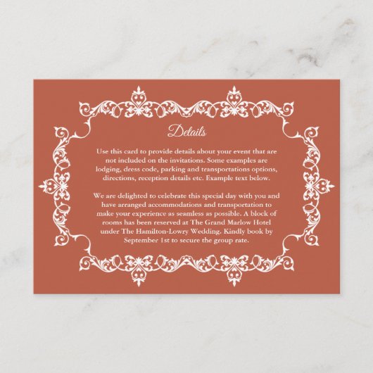 Classic Rustic Terracotta Ember Ornately Framed Informatiekaartje (Voorkant)