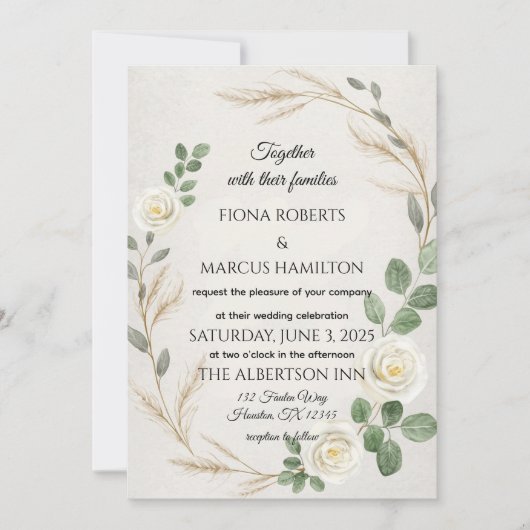 Classic Rustieke Boho Rozen & Pampas Grass Wedding Kaart (Voorkant)