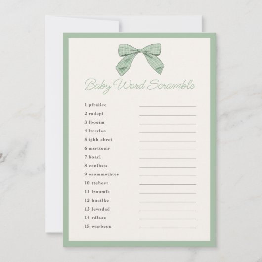 Classic Sage Bow Baby shower Word Scramble spel Kaart (Voorkant)