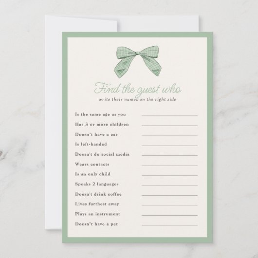 Classic Sage Bow Vind de Gast Douche Game Kaart (Voorkant)