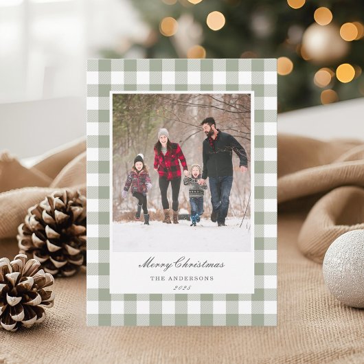 Classic Sage Gingham Two Sided Family Photo Feestdagenkaart