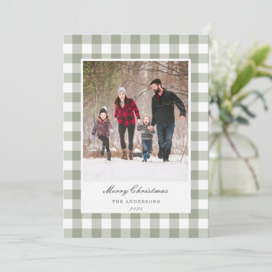 Classic Sage Gingham Two Sided Family Photo Feestdagenkaart (Staand voorkant)