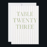 Classic Sage Green & Beige Trouwen 23 Tafelnummer<br><div class="desc">Dit elegante tafelnummer heeft een zacht beige gestreepte achtergrond met verfijnde saliegroene serietypografie en subtiele scriptaccenten. Ontworpen voor tuinbruiloften, verfijnde recepties en tijdloze buitenvieringen. Coördineert met het "Iris" Wedding Invitation Collectie - klik op de link collectie op deze pagina om overeenkomende items zoals menu's, uitnodigingen, bewegwijzering en meer te vinden....</div>