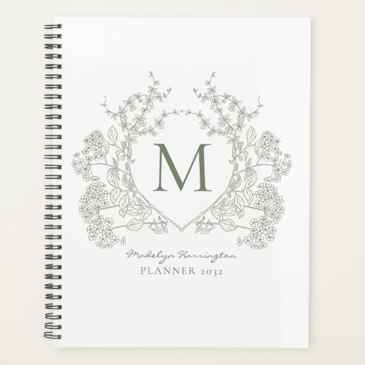 Classic Sage Green  Bloemkam Monogram Planner (Voorkant)