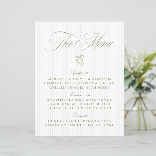Classic Sage Green & Blue Striped Wedding Menu (Staand voorkant)