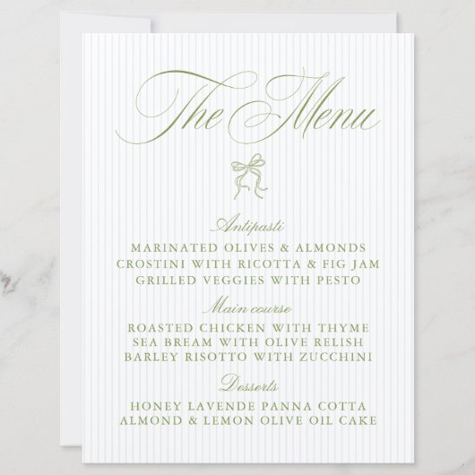 Classic Sage Green & Blue Striped Wedding Menu (Voorkant)