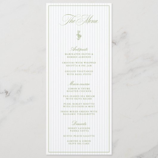 Classic Sage Green & Blue Striped Wedding Menu (Voorkant)