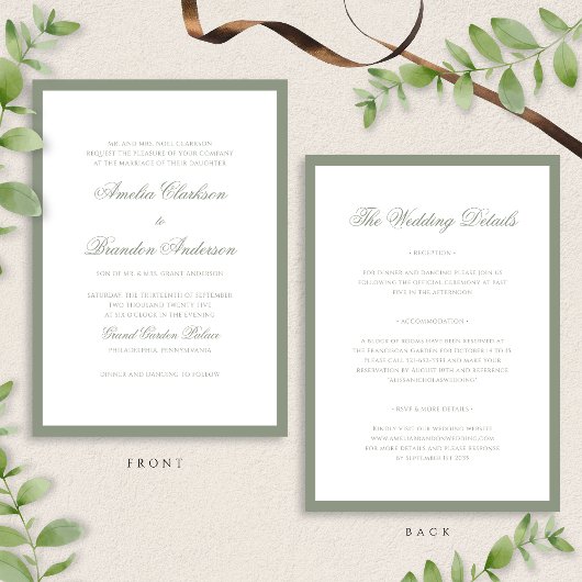 Classic Sage Green Border Script Trouwdetails & Kaart