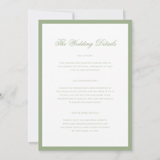 Classic Sage Green Border Script Wedding Details & Kaart (Achterkant)