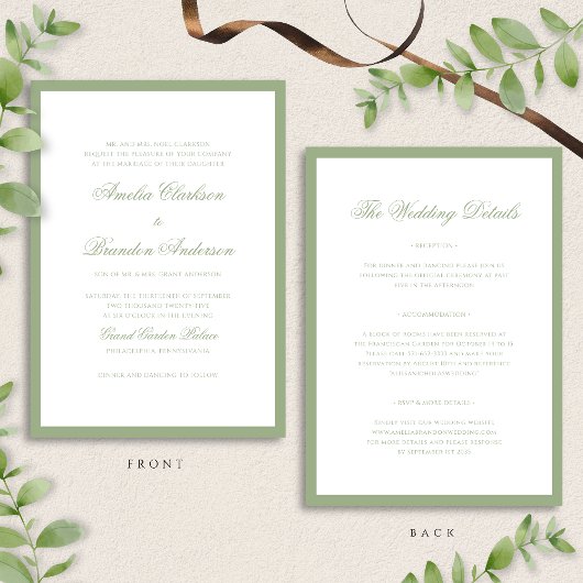 Classic Sage Green Border Script Wedding Details & Kaart