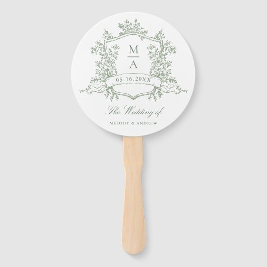 Classic Sage Green Crest Wedding Ceremony Timeline Handwaaier (Voorkant)