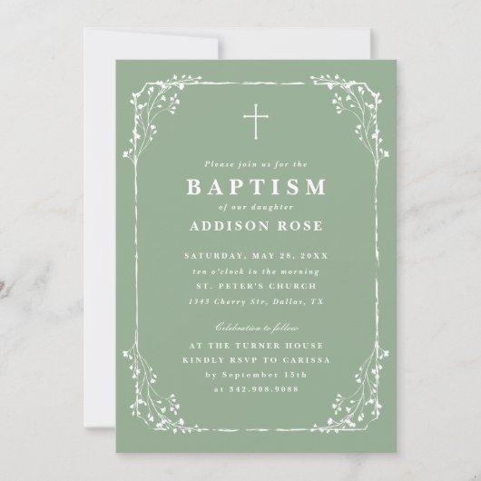 Classic Sage Green Dainty Floral Frame Baptism Kaart (Voorkant)