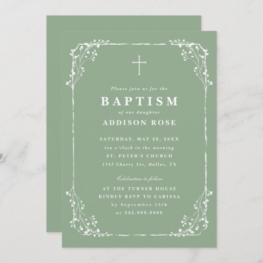 Classic Sage Green Dainty Floral Frame Baptism Kaart (Voorkant / Achterkant)