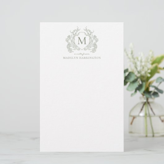 Classic Sage Green Floral  Crest Monogram Briefpapier (Staand voorkant)
