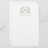 Classic Sage Green Floral  Crest Monogram Briefpapier (Voorkant / Achterkant)
