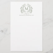 Classic Sage Green Floral  Crest Monogram Briefpapier (Voorkant)