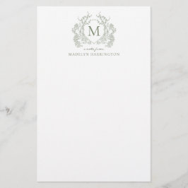 Classic Sage Green Floral  Crest Monogram Briefpapier