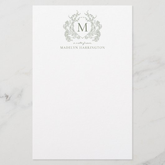 Classic Sage Green Floral  Crest Monogram Briefpapier (Voorkant)