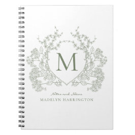 Classic Sage Green Floral Crest Monogram Notitiebo Notitieboek
