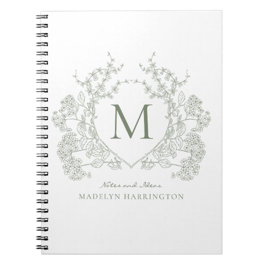 Classic Sage Green Floral Crest Monogram Notitiebo Notitieboek (Voorkant)
