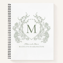 Classic Sage Green Floral Crest Monogram Notitieboek